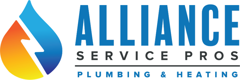 Alliance Service Pros logo featuring a colorful water droplet and text emphasizing plumbing and heating services.