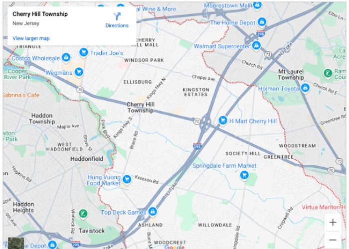 Map of Cherry Hill Township, New Jersey highlighting local businesses and key locations relevant to plumbing and HVAC services offered by Alliance Service Pros.