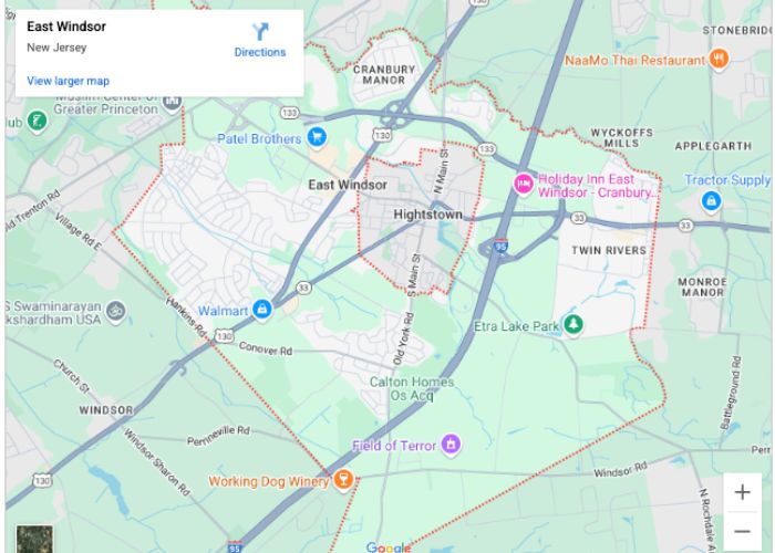 Map of East Windsor, New Jersey, highlighting key locations and landmarks relevant to plumbing services and local businesses.