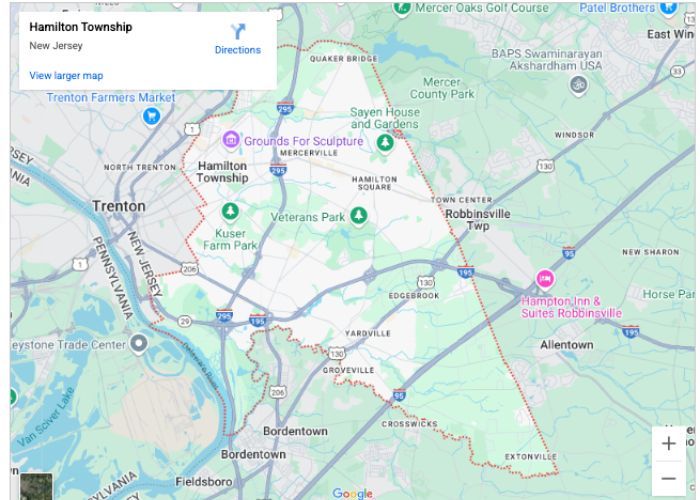 Map of Hamilton Township, New Jersey, highlighting local landmarks and roads relevant to plumbing and HVAC services in the area.