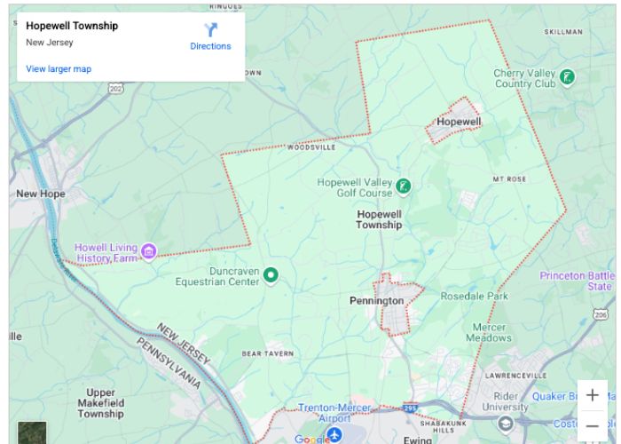 Map of Hopewell Township, New Jersey, highlighting local landmarks and surrounding areas relevant to plumbing services in Hopewell.