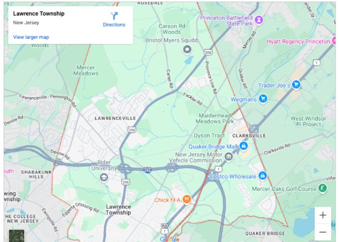 Map of Lawrence Township, New Jersey, highlighting local landmarks and routes relevant to plumbing and HVAC services offered by Alliance Service Pros in the area.