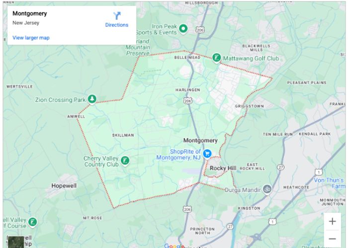Map of Montgomery Township, New Jersey, highlighting key locations and service areas relevant to plumbing services offered by Alliance Service Pros.