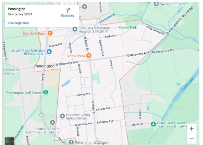 Map of Pennington, NJ highlighting local landmarks and streets, relevant for plumbing and HVAC services by Alliance Service Pros.