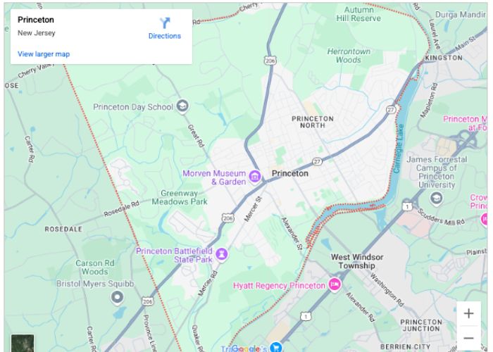 Map of Princeton, New Jersey, highlighting key locations and routes relevant to plumbing and HVAC services in the area.