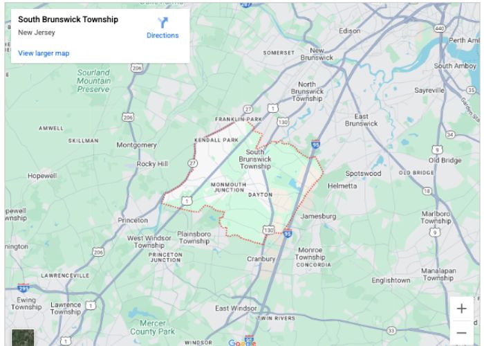 Map of South Brunswick Township, New Jersey, highlighting key locations and routes relevant to plumbing and HVAC services.