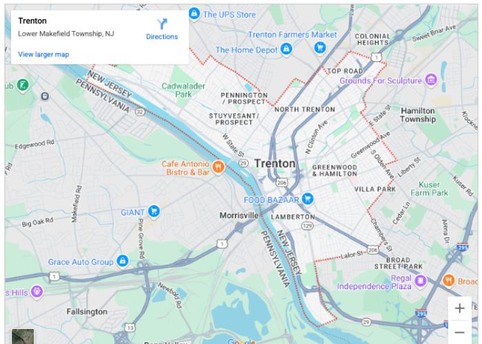 Map of Trenton, New Jersey, highlighting key locations and neighborhoods relevant to plumbing services by Alliance Service Pros.