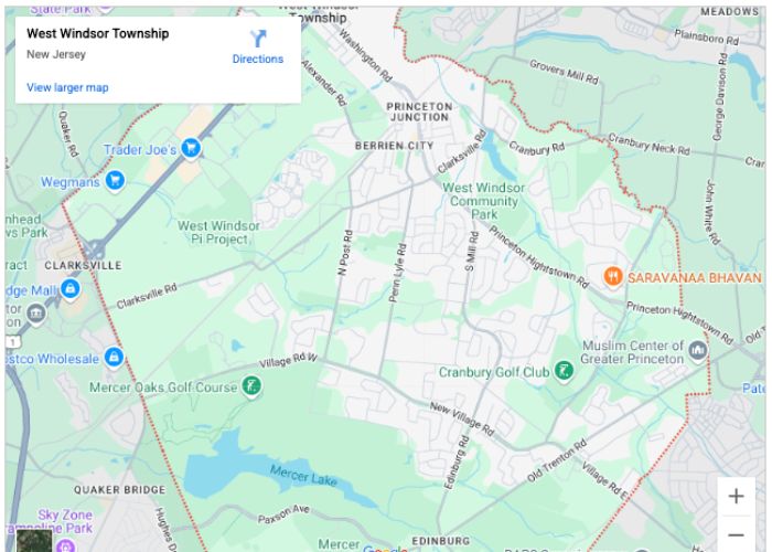 Map of West Windsor Township, New Jersey highlighting local landmarks and services, relevant for plumbing service inquiries.