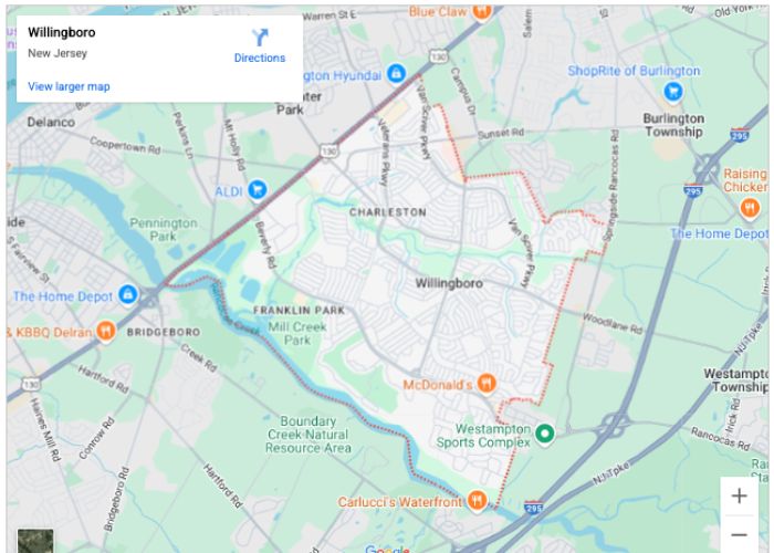 Map of Willingboro, New Jersey, highlighting local landmarks and service areas for plumbing services by Alliance Service Pros.