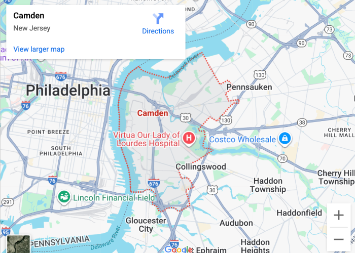 Map of Camden, NJ, highlighting service area for plumbing services.