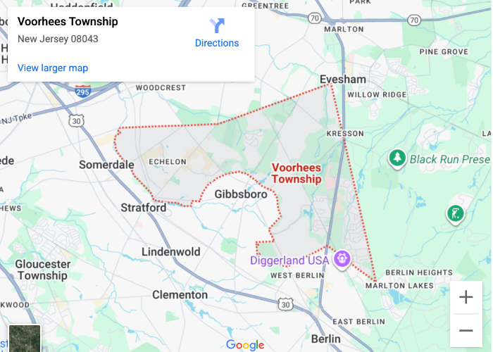 Map highlighting Voorhees Township, NJ.